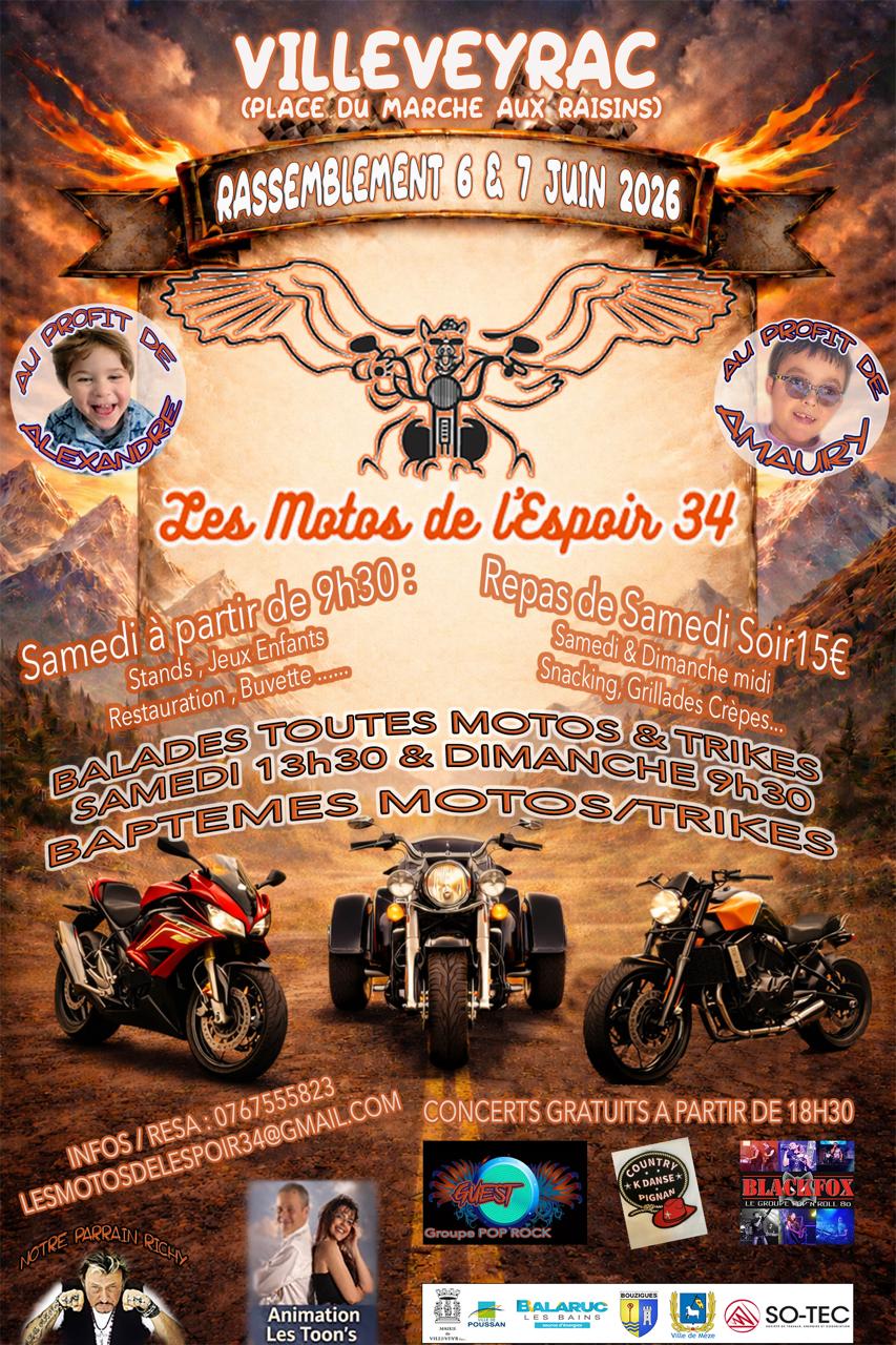 Affiche concentration Motos /Trikes à VILLEVEYRAC e 6 et 7 juin 2026