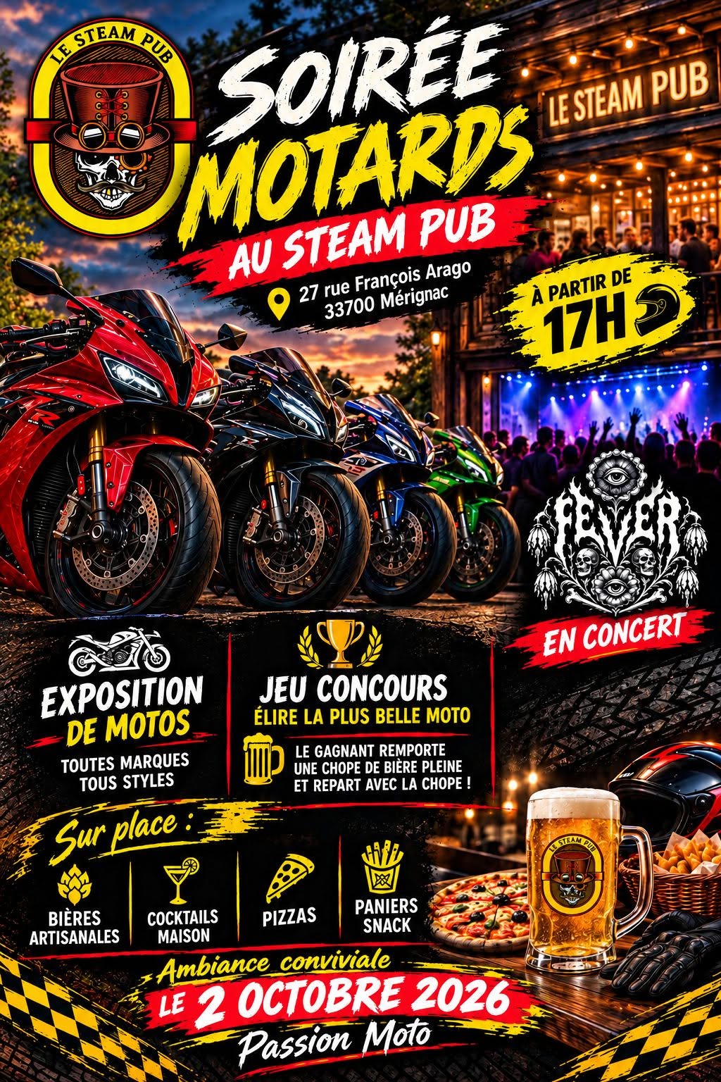 Affiche Soirée Motards au Steam Pub - Concert & Exposition Motos
