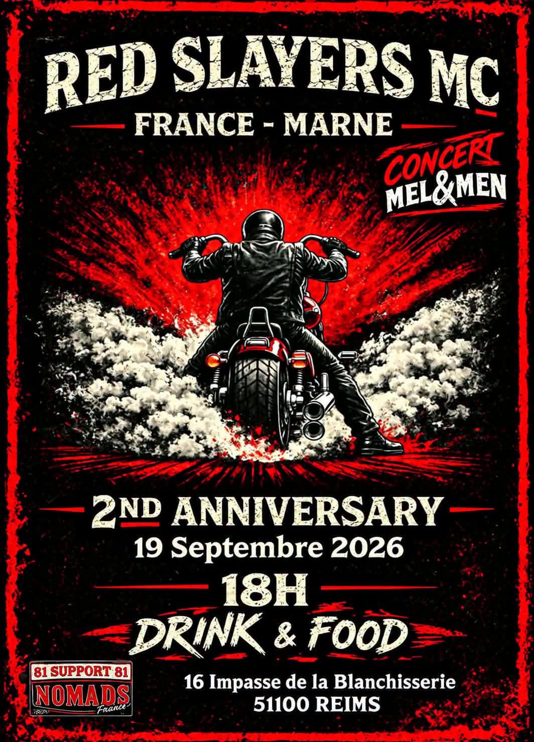 Affiche Red Slayers MC France - Marne : 2nd Anniversary — Concert Mel & Men
